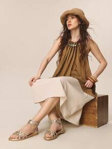 Styleloop Riveted Roman Sandals Women's Spring And Summer New Bohemian Sexy Woven Cross Belt Travel Women's Shoes, Spring And Summer Outside Vacation Beach Leisure - Light gold - View 4