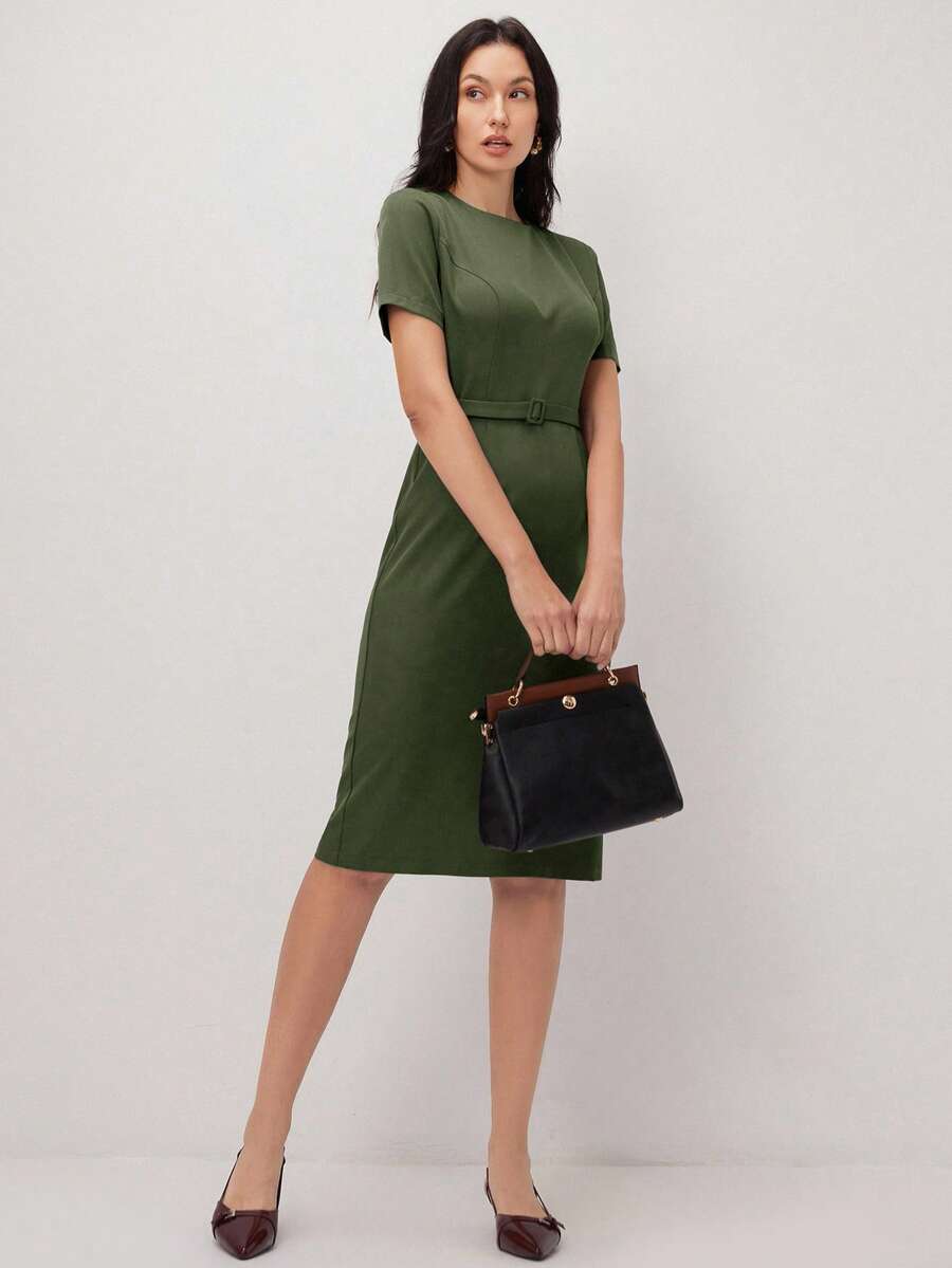 BizChic 女士短袖中长连衣裙，都市通勤商务优雅夏季款 - 軍綠色 - 查看 1