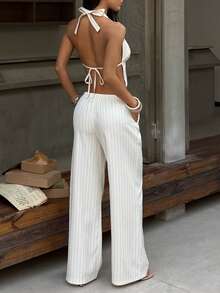 FavEase Women's Casual Backless Deep V-Neck Halter Top And Low Waist Tie-Waist Straight Leg Pants 2-Piece Set - Apricot - View 2