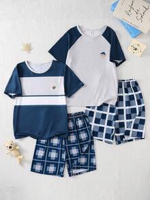 Boys' Casual Navy Blue & Gray Plaid Pattern Teddy Bear Print Short Sleeve Pajama Set - Royal Blue - View 4