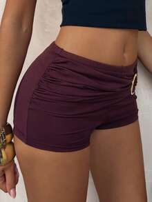 Elamini 女士性感优雅金属配饰短裤，春夏户外活动的最佳选择 - 咖啡棕 - 查看 8