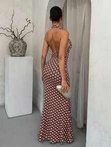 SHEIN SXY 女士深V领波点优雅吊带鱼尾连衣裙 波点泳衣 波点连衣裙 波点连衣裙 波点连体裤 棕色波点连衣裙 女士夏季连衣裙 女士波点连衣裙 女装连衣裙 女士波点连衣裙 波点连衣裙 - 棕色 - 查看 2