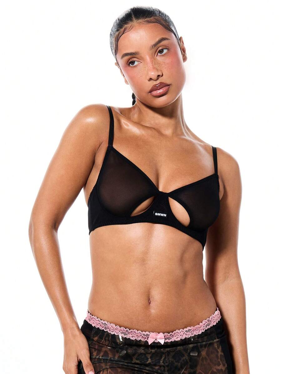 SUMWON WOMEN Cut Out Mesh Bralette With Underwire Support And Adjustable Straps For Intimate Evening Occasions Black Lingerie Top - Black - View 1