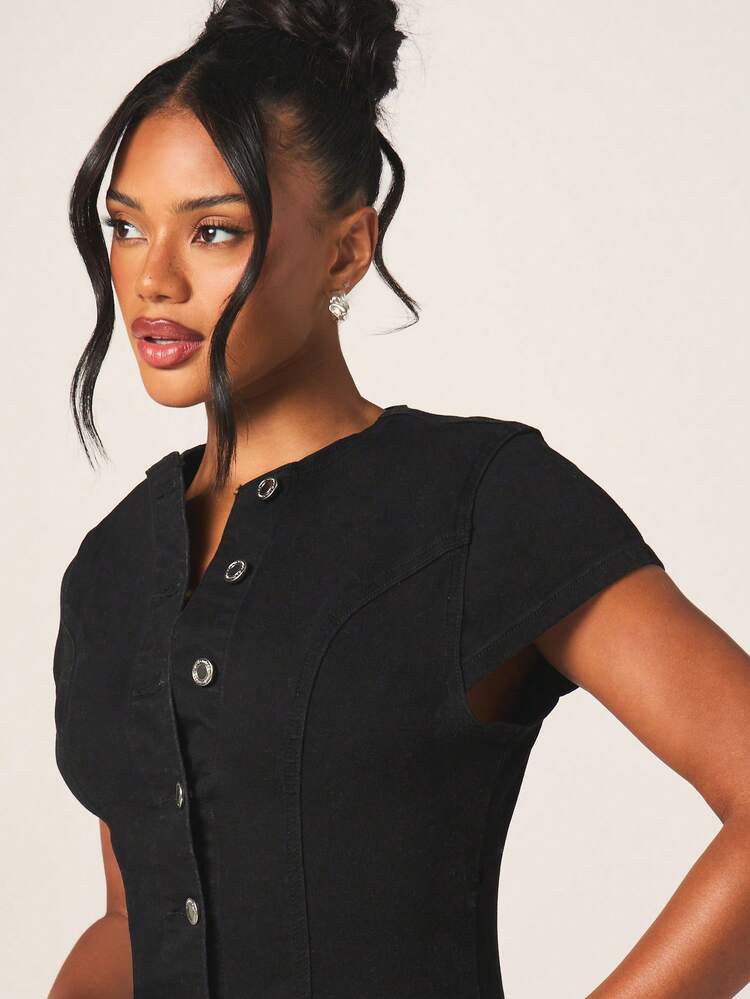 MISSGUIDED Women's Black Stretch Denim Button Front Cap Sleeve Mini Dress Casual Bodycon Sheath Style Spring Summer