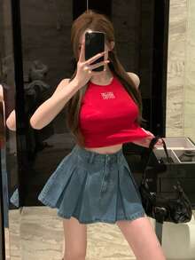 DAZY Chân váy ngắn xếp ly cạp thấp dành cho nữ, chân váy chữ A bằng denim thanh lịch, phong cách thường ngày. - Rửa trung bình - Xem 3