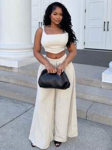 Alexandranx 2025New Spring/Summer Vacation Casual Fishbone Strap Top & Wide Leg Pants With Pockets 2 Pieces Set, Textured Fabric Material - B - Khaki - View 4