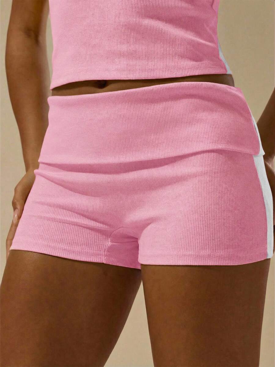 MUSERA ESSENTIALS Rib Fold Over Waist Mini Shorts Basic Spring Summer Vacation Holiday Winter Pants - Baby Pink - View 1