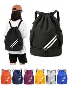 Large Capacity Drawstring Sports Backpack, Fashionable Gym Bag With Inner Pocket, Waterproof Nylon Oxford Fabric, Bottom Shoe Compartment, Side Mesh Pocket, Wide Drawstring Design, Suitable  Ideal For Football, Basketball, Travel, Yoga, Swimming - Multicolor - View 2