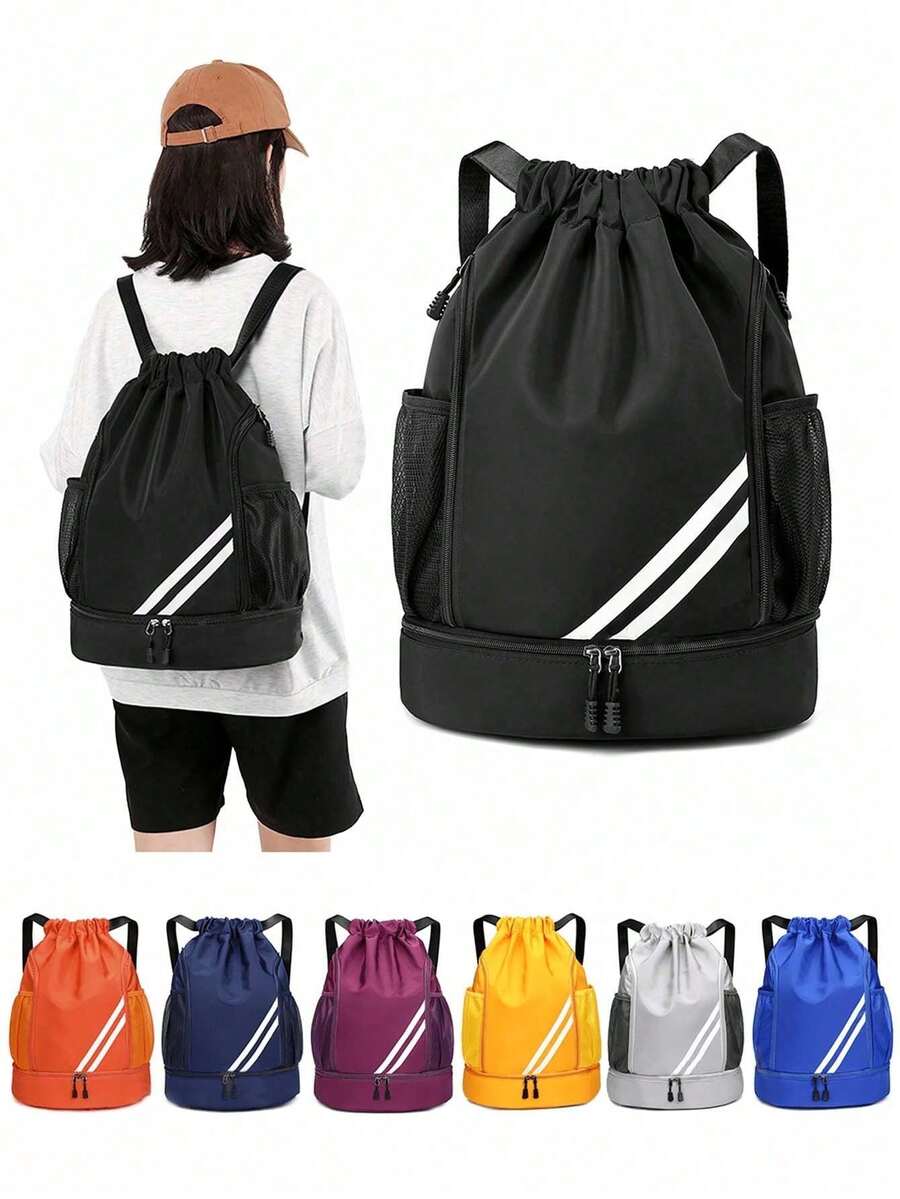 Large Capacity Drawstring Sports Backpack, Fashionable Gym Bag With Inner Pocket, Waterproof Nylon Oxford Fabric, Bottom Shoe Compartment, Side Mesh Pocket, Wide Drawstring Design, Suitable  Ideal For Football, Basketball, Travel, Yoga, Swimming