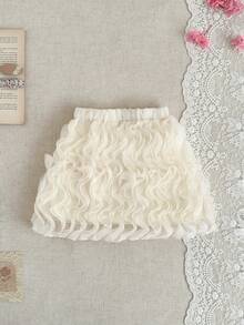 SHEIN Young Girls Sweet Elegant Apricot 3D Rose Textured Mesh A-Line Princess Skirt - Beige - View 4