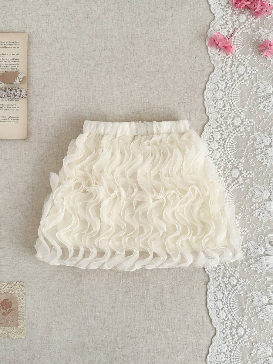 SHEIN Young Girls Sweet Elegant Apricot 3D Rose Textured Mesh A-Line Princess Skirt - Beige - View 1