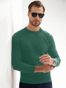 Manfinity Mode Áo len chui đầu cổ tròn tay dài màu trơn thường ngày cho nam, Thu/Đông - Màu xanh lá cây đậm - Xem 4