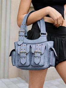 Viva Strut Ladies, Women Shoulder Bag, Hobo Bag ,Faux Leather, College ,School, Holiday ,Street Style ,Sports, Overnight, Dating ,Y2K, Punk, Motorcycle Style, Sweet, Cool, Street ,Sporty , Retro, Vintage, Belt  Multipocket - denim blue - View 1