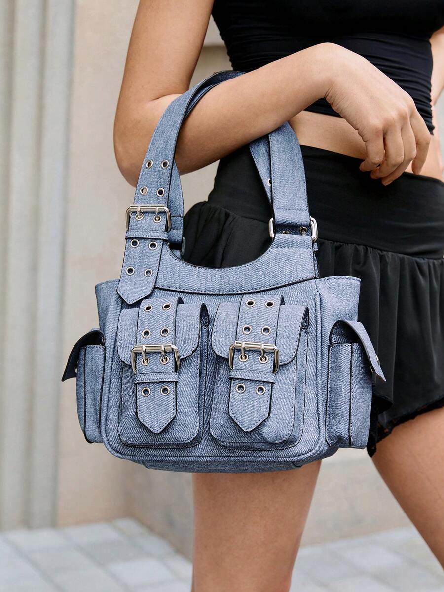 Viva Strut Ladies, Women Shoulder Bag, Hobo Bag ,Faux Leather, College ,School, Holiday ,Street Style ,Sports, Overnight, Dating ,Y2K, Punk, Motorcycle Style, Sweet, Cool, Street ,Sporty , Retro, Vintage, Belt  Multipocket - denim blue - View 1