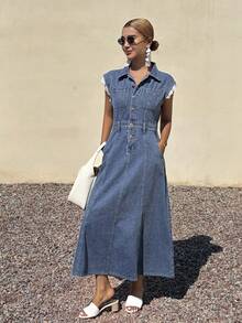 DAZY Vestido de mezclilla con mangas de encaje de parche y cintura ceñida para mujeres en verano - Azul lavado medio - Ver 2