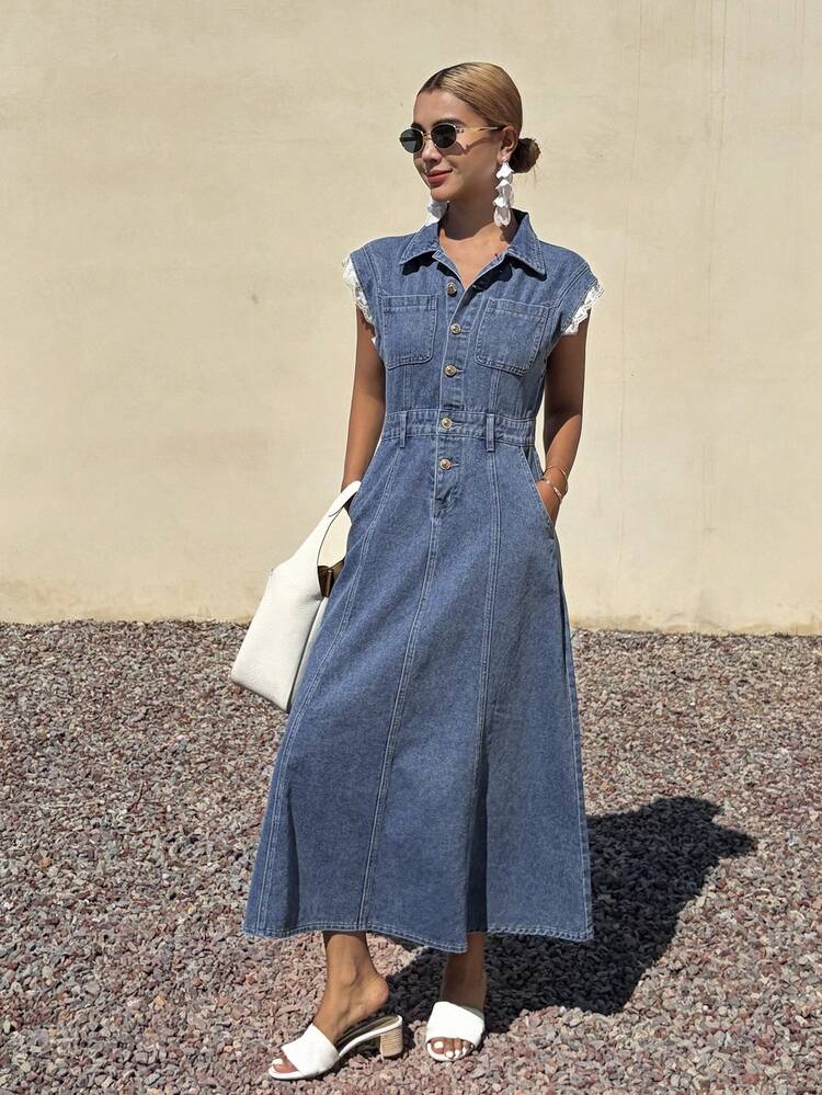 Distinctive Lace Patchwork Sleeve Waist Cinched Denim Dress For Women Summer