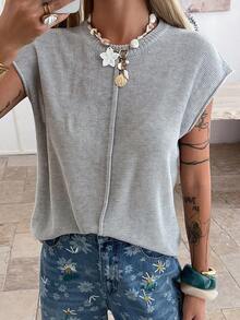 DAZY 女士圆领修身无袖针织上衣 - 灰色 - 查看 5