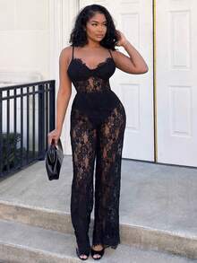 Alexandranx 纯黑色性感透明蕾丝连体裤，优雅女士内衣，日常约会装，外出装，派对装，不对称阔腿连体裤，情人节连体裤，休闲连体裤，优雅连体裤 - 黑色 - 查看 3