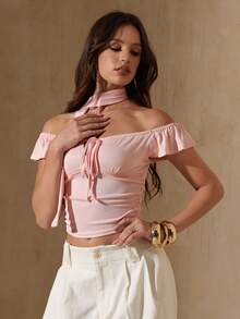 Glamine 女士休闲宽松圆领短袖T恤衫及围巾套装，夏季 - 粉色 - 查看 1