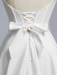 Glamrae Petite Đầm maxi satin trắng thanh lịch, tối giản, cổ chữ V, hở lưng, thắt nơ điều chỉnh được, có túi bên hông và đuôi váy dài, thích hợp làm đầm cưới. - trắng - Xem 10