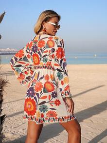 Swim Vcay Đầm nữ mùa hè kiểu dáng thanh lịch, họa tiết cây nhiệt đới, cổ chữ V, tay lỡ, cổ áo tôn dáng, dáng rộng với thiết kế thắt eo, lớp phủ ngoài mỏng nhẹ, thích hợp cho bãi biển, hồ bơi và các dịp hè khác (Họa tiết in) - Nhiều màu - Xem 3