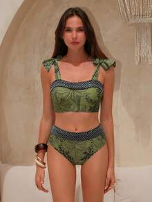 Swim Oasis 女士椰树印花系带蝴蝶结高领开衩比基尼泳装套装 - 彩色 - 查看 3