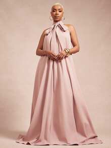 Vixey 纯色编织蝴蝶结系带露背A字型长裙 - 粉色 - 查看 3