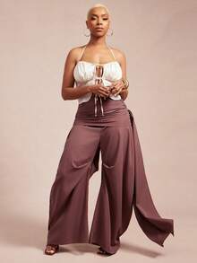 Vixey Solid Woven High Waist Gathered Sash Wide Barrel Leg Pants - Brown - View 3