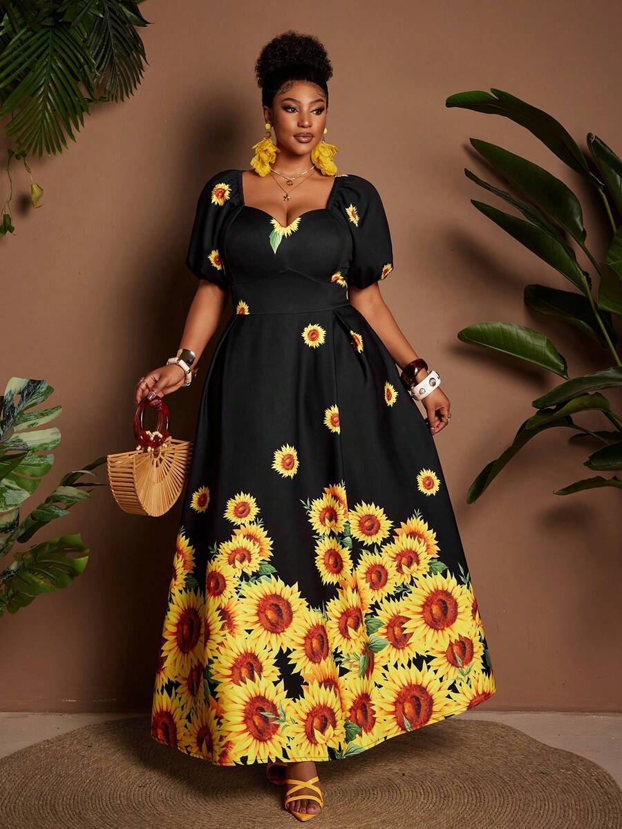Maweii 大码女式短款花瓣袖春夏向日葵印花度假连衣裙 - 黑色 - 查看 1