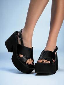 Sugerpunk Giày sandal đế xuồng thời trang và thoải mái dành cho nữ, hoàn hảo cho mùa xuân và mùa hè, với thiết kế lấy cảm hứng từ phong cách punk, mũi vuông đơn giản, chất liệu da mềm mại, họa tiết đan chéo, hở mũi, thoải mái cho kỳ nghỉ, câu lạc bộ đêm, tiệc tùng và sử dụng hàng ngày. - màu đen - Xem 3