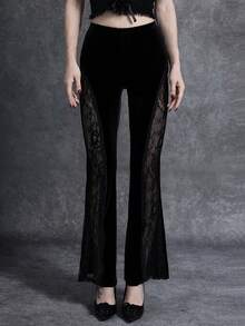 Glisette Women's Fashionable Sexy Black Velvet And Lace Patchwork Pants - Black - View 1