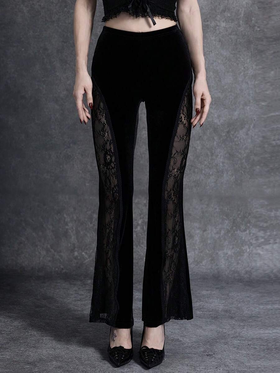 Glisette Women's Fashionable Sexy Black Velvet And Lace Patchwork Pants - Black - View 1