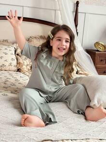 Dazy Kids Young Girl Lace Ruffle Trim Button-Up Short Sleeve Top And Pants Pajama Set - Green - View 6
