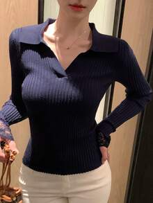 女士撞色蕾丝修身长袖套头毛衣 - 藏蓝色 - 查看 7