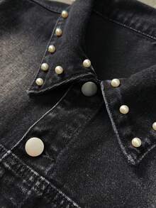 ROMWE MEN Camisa vaquera de manga corta con un solo pecho decorada con perlas falsas para hombres - Negro - Ver 3