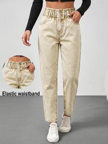 SHEIN Tall 女士休闲修身锥形阔腰牛仔裤蓝色高个女式牛仔裤女士裤子冬季女式裤子牛仔装 - 卡其色 - 查看 1