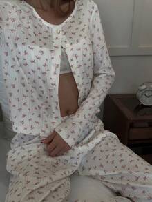 Livesso 女士印花长袖上衣和阔腿裤休闲两件套 - 白色 - 查看 5