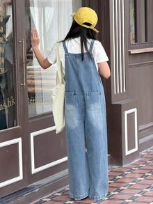 Dazy Kids Bộ áo liền quần denim ống rộng dáng rộng có túi dành cho bé gái tuổi teen - Màu xanh lam - Xem 6