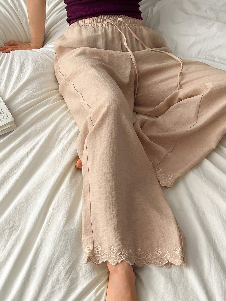 DAZY 刺绣滚边宽松女士睡裤 - 藕粉色 - 查看 1