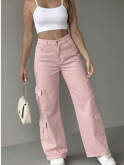 Dama jeans pantalones vaqueros casuales estilo tela cómoda cintura elástica ajuste holgado tiro alto largo primavera verano otoño uso diario fiesta casa básico cargo mujer cargo rosa pantalón street style urbano ropa casual bolsillos utilitarios denim stretch día noche concierto festival musica EDC bahidora Vive latino VL Pal norte moderno juvenil atemporal calle