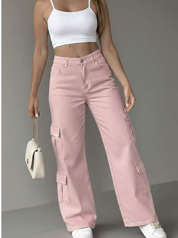 Dama jeans pantalones vaqueros casuales estilo tela cómoda cintura elástica ajuste holgado tiro alto largo primavera verano otoño uso diario fiesta casa básico cargo mujer cargo rosa pantalón street style urbano ropa casual bolsillos utilitarios denim stretch día noche concierto festival musica EDC bahidora Vive latino VL Pal norte moderno juvenil atemporal calle