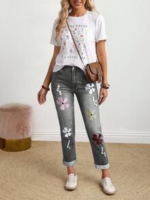 EMERY ROSE Jeans de talla grande con lavado, bordado floral y efecto desgastado - Gris - Ver 7