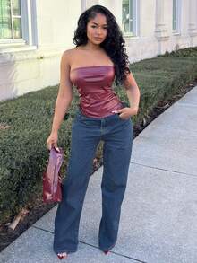 Alexandranx 新年和情人节女士勃艮第皮革上衣时尚褶皱不对称下摆抹胸，适合外出和派对上衣，新年女士 - 酒紅色 - 查看 4