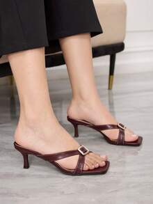 Sleekvia Sandalias de mujer con punta cuadrada y abierta, tacón de aguja alto y sexy de color marrón oscuro, estilo mule con correa cruzada, transpirables y de vanguardia para uso diario - Café integral - Ver 3