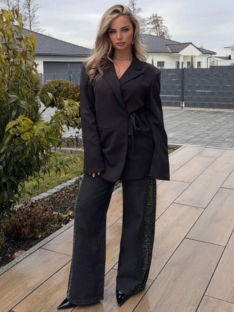 Jeta Ari Áo khoác blazer nữ tay dài thời trang đa năng màu trơn cổ chữ V - màu đen - Xem 1