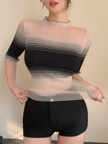 DAZY Light Grey,Summer,Chic,Night Out Gradient Striped Contrast Color Turtleneck Knit Top,Slim Fit Sheer Short Sleeve Blouse,Elegant Office Wear For Women - Pink - View 4