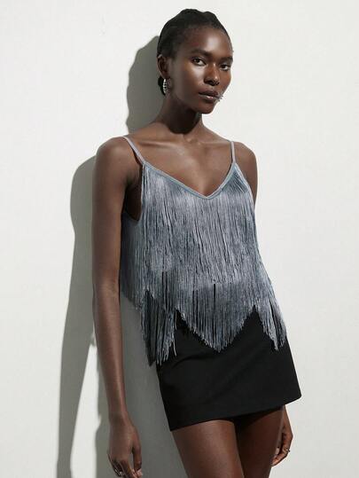 Aveloria Modichic Women Tiered Fringe Fabric Fitted Crop Top Spaghetti Strap V-Neck Irregular Hem Modern Retro Street Style Party Wear Going Out Tops For Women Festival Outfits For Women Party Top