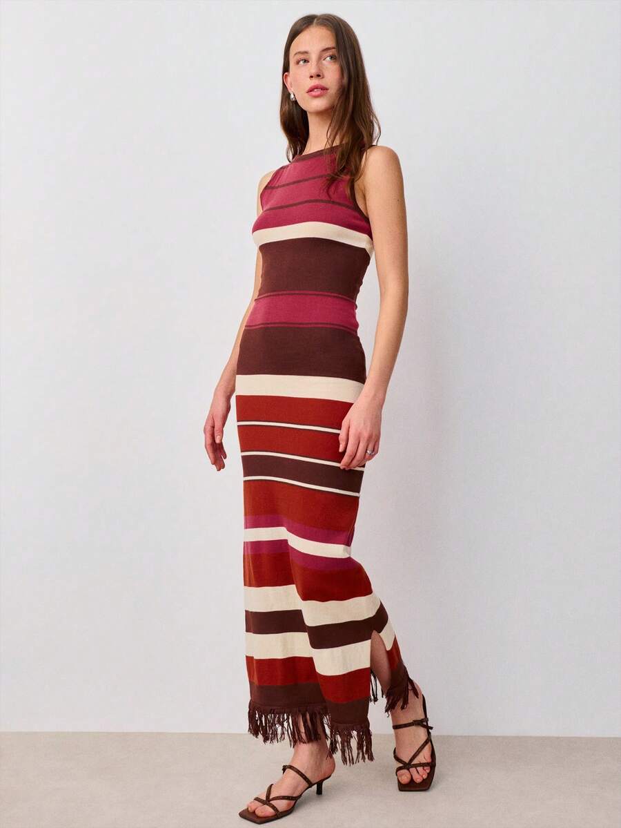 Nöista Knit Sleeveless Long Dress With Horizontal Stripes, Round Neck, Finished Bottom Hem With Fringes. Spring, Summer, Easter, Festival, Boho. - Rust Brown - View 1
