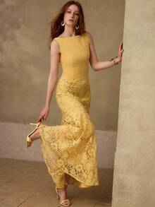 MOTF PREMIUM CONTRAST LACE ZIPPER DRESS - Yellow - View 2