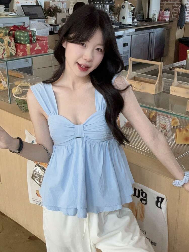 Women's Solid Color Pleated Casual Versatile Blouse For Dating & Outings Babydoll Top